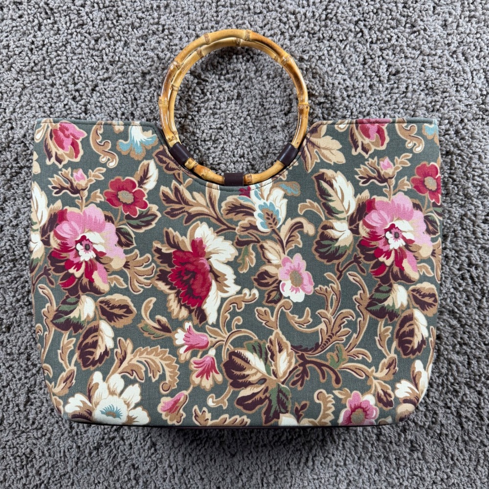 Longaberger‎ sisters Floral Bamboo Handle Tote Bag Purse boho peasant garden
